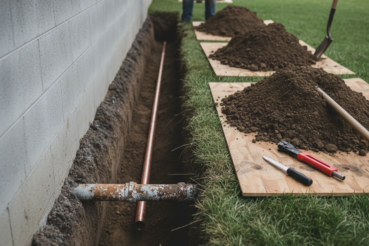 Excavated water line trench during Water Softener Installation in Roscoe